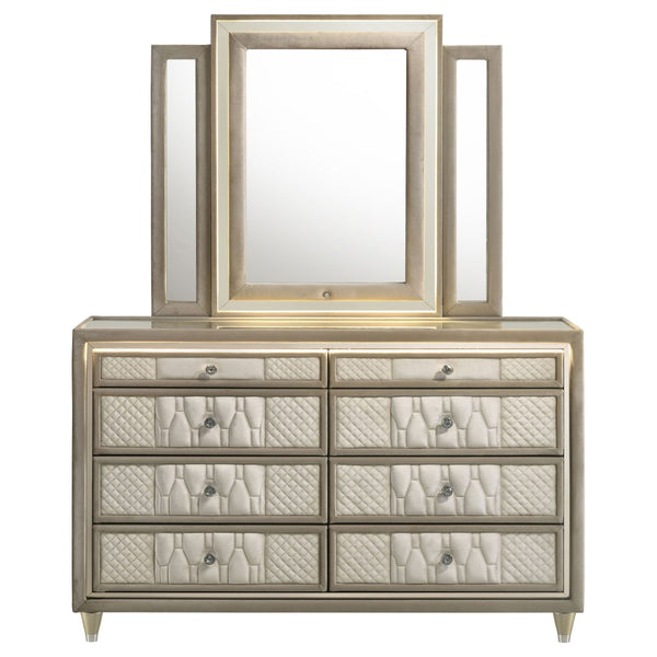 English Elm Mika Eight Drawer Velvet Dresser with LED Mirror Crystal Pulls Glam Bedroom B062S02183