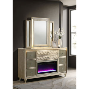 English Elm Mika Eight Drawer Upholstered Dresser with LED Fireplace and Glam Mirror Set B062S02184