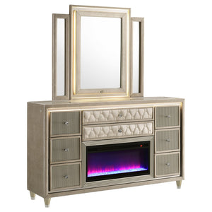 English Elm Mika Eight Drawer Upholstered Dresser with LED Fireplace and Glam Mirror Set B062S02184
