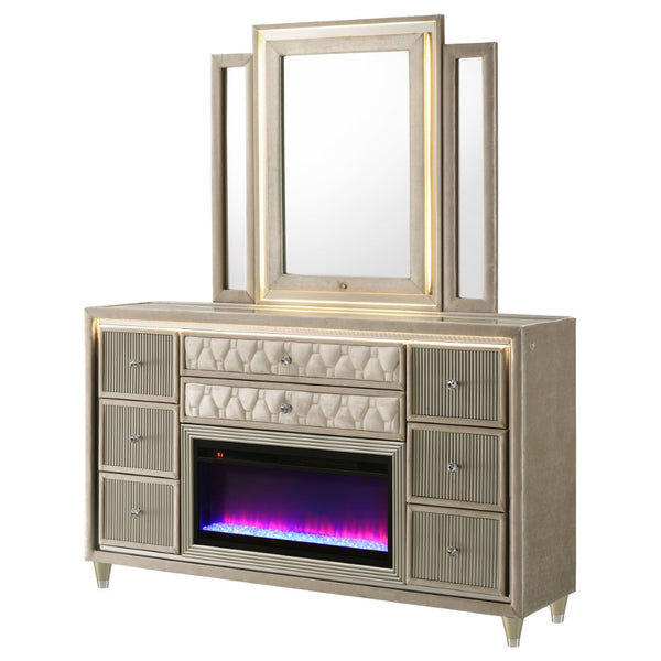 English Elm Mika Eight Drawer Upholstered Dresser with LED Fireplace and Glam Mirror Set B062S02184