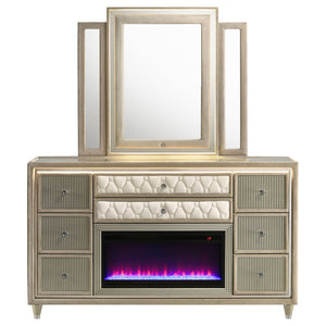 English Elm Mika Eight Drawer Upholstered Dresser with LED Fireplace and Glam Mirror Set B062S02184