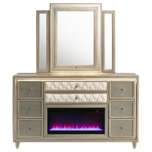 English Elm Mika Eight Drawer Upholstered Dresser with LED Fireplace and Glam Mirror Set B062S02184