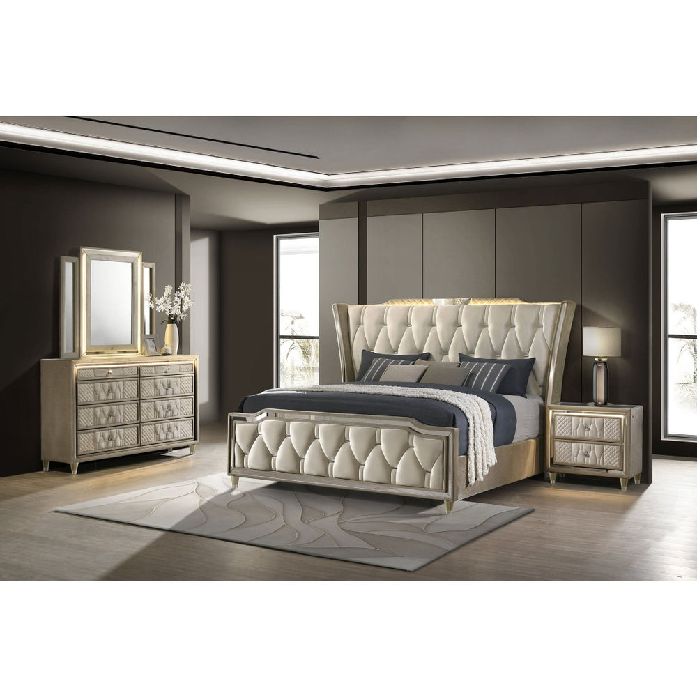 English Elm Mika Queen Bedroom Set Glam Velvet Wingback Bed with LED Lighting and Geometric Drawers B062S02185