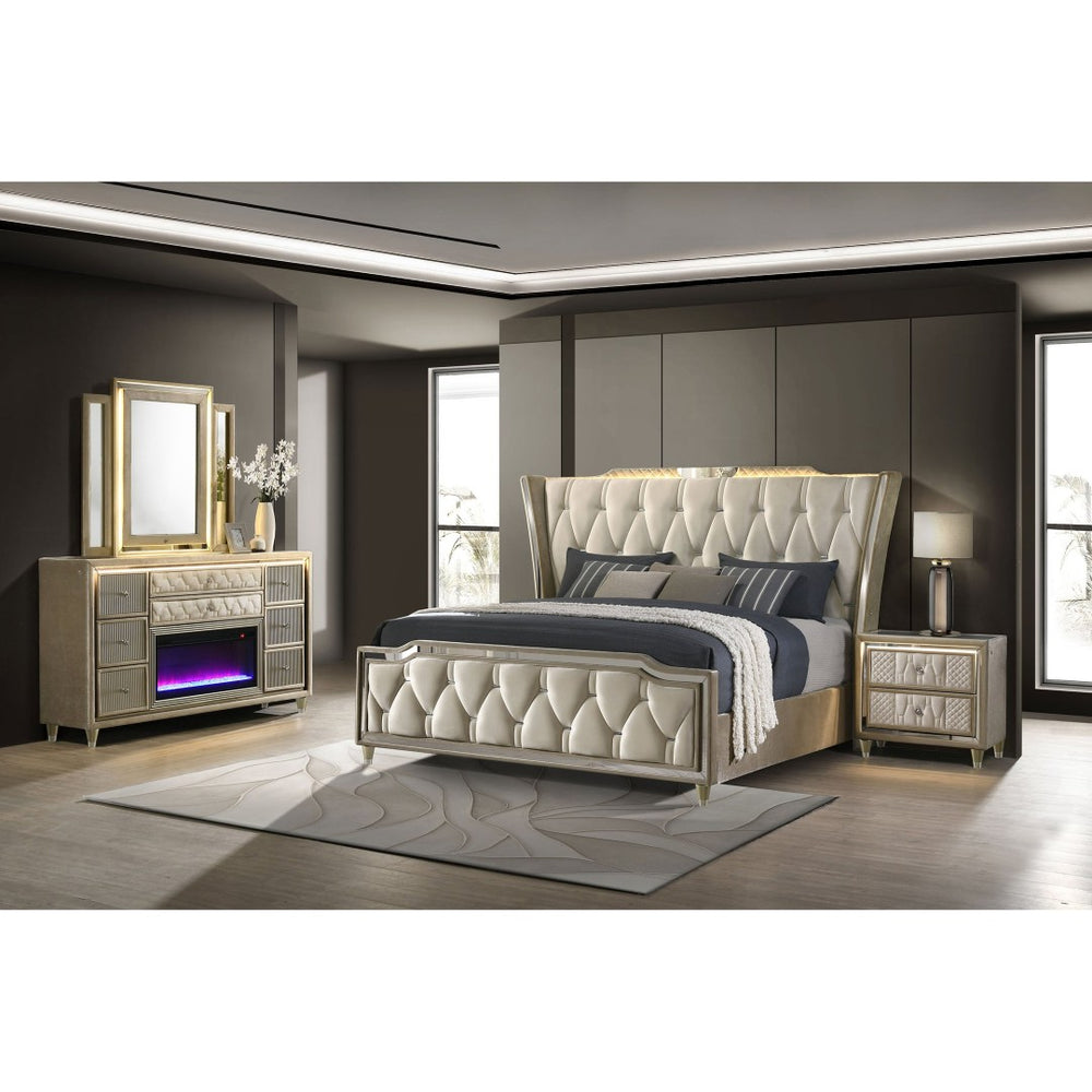 English Elm Mika Queen Bedroom Set with Tufted Velvet Wingback Bed and Fireplace Dresser B062S02187