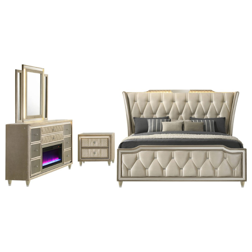 English Elm Mika Queen Bedroom Set with Tufted Velvet Wingback Bed and Fireplace Dresser B062S02187