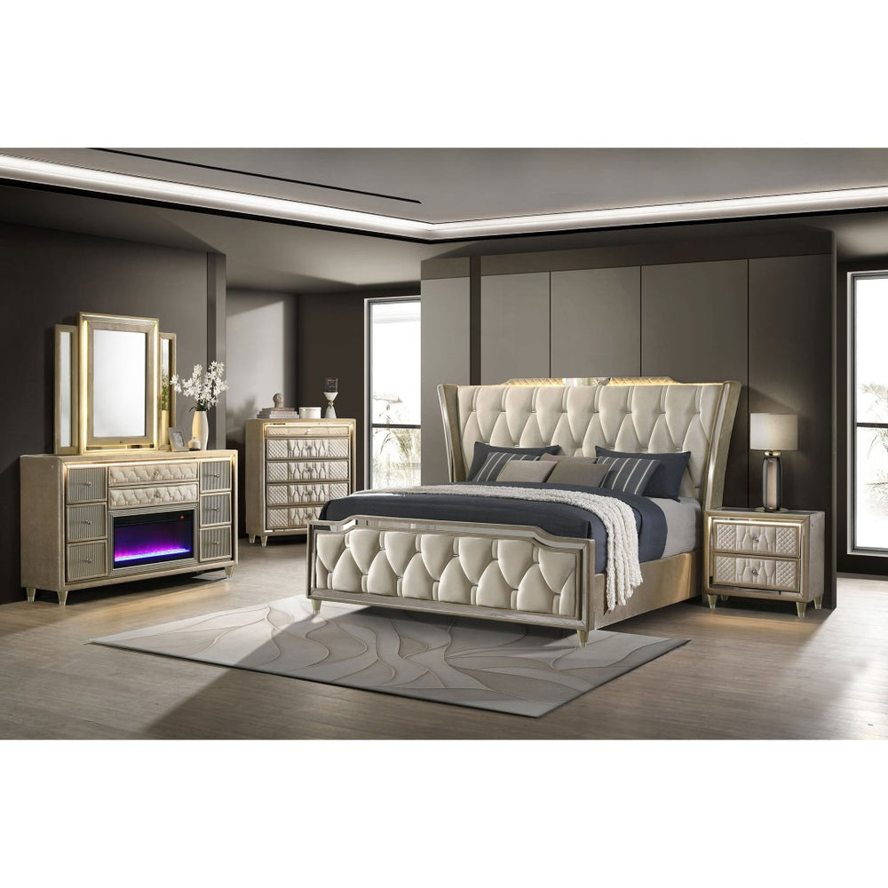 English Elm Mika Queen Bedroom Set Velvet Wingback Bed with Fireplace Dresser and LED Lighting B062S02188