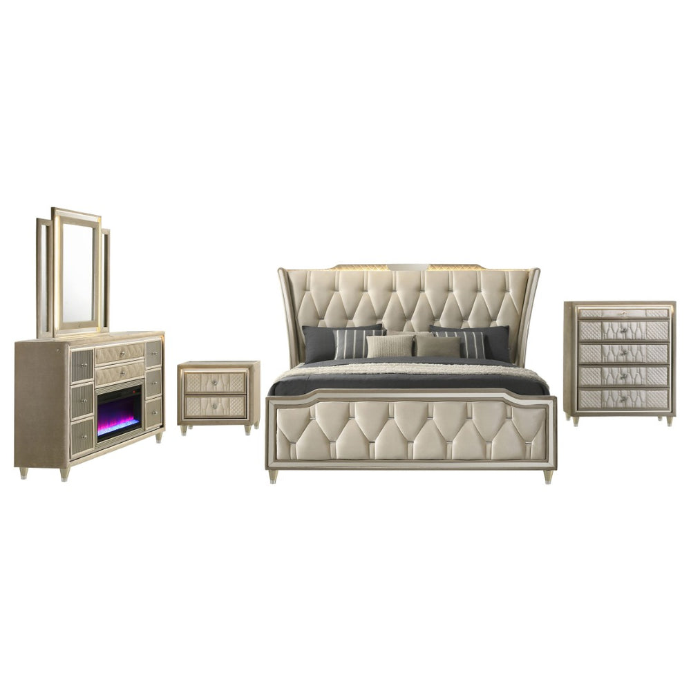 English Elm Mika Queen Bedroom Set Velvet Wingback Bed with Fireplace Dresser and LED Lighting B062S02188