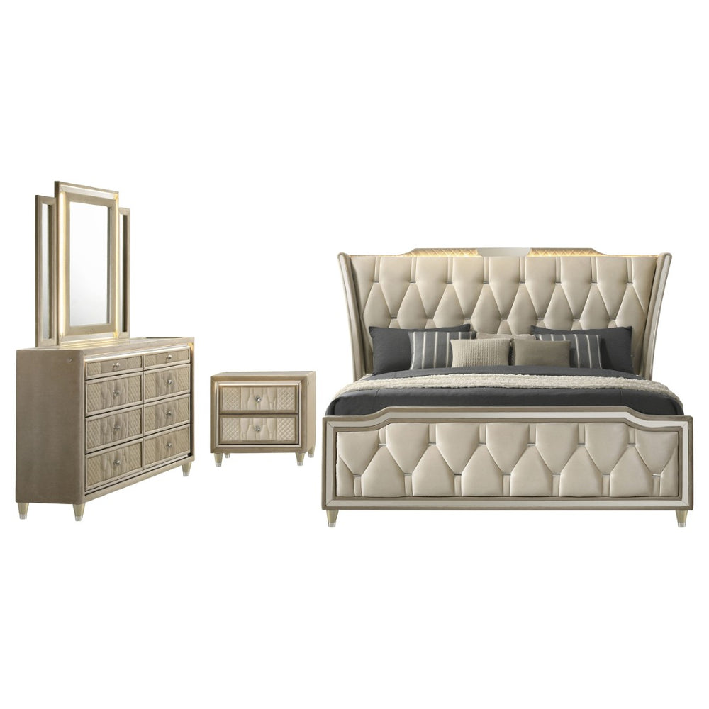 English Elm Mika Velvet Eastern King Bedroom Set with LED Wingback Tufted Headboard Glam B062S02189