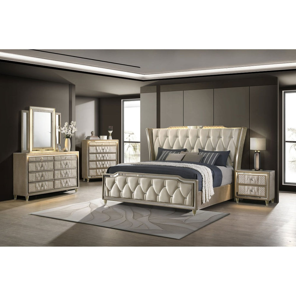 English Elm Mika Velvet Wingback King Bedroom Set with LED Lighting and Quilted Glam Panels B062S02190