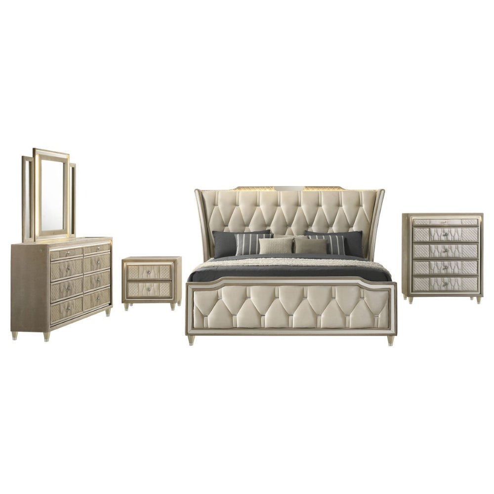 English Elm Mika Velvet Wingback King Bedroom Set with LED Lighting and Quilted Glam Panels B062S02190