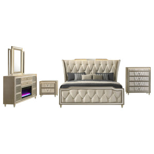 English Elm Mika Five Piece Eastern King Bedroom Set with Velvet Wingback Bed and Fireplace Dresser B062S02192