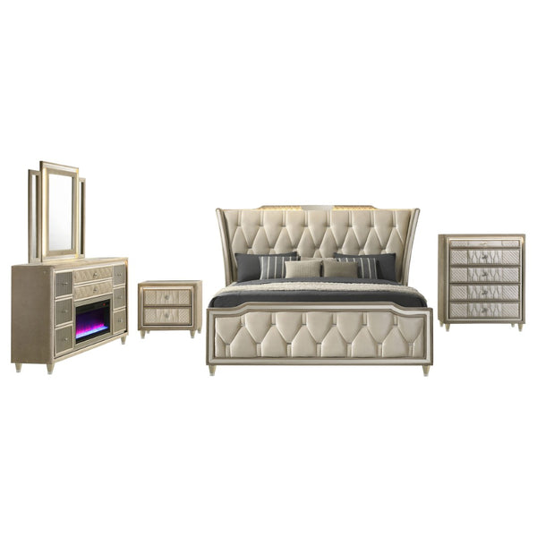 English Elm Mika Five Piece Eastern King Bedroom Set with Velvet Wingback Bed and Fireplace Dresser B062S02192
