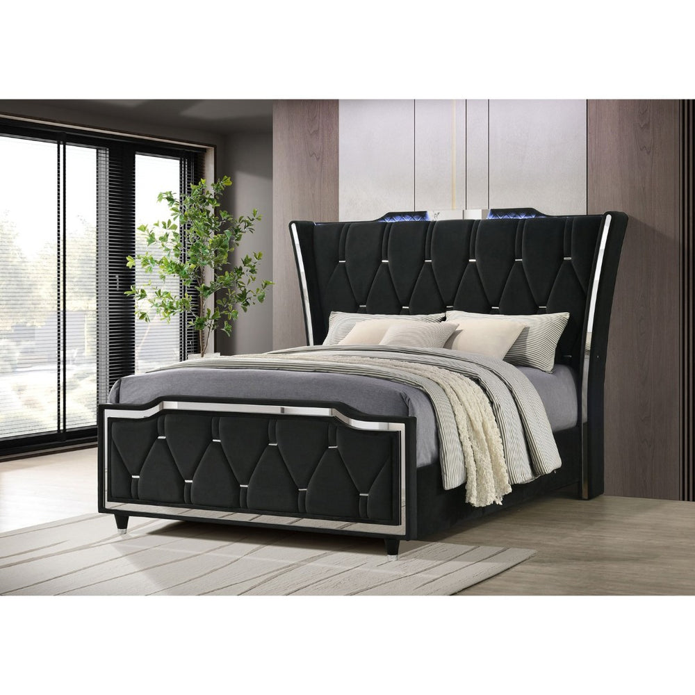 English Elm Mika Velvet Wingback Queen Platform Bed with LED Lighting and Button Tufted Headboard B062S02193