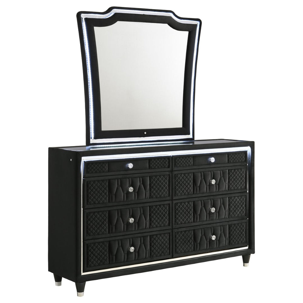 English Elm Mika Velvet Eight Drawer Dresser with LED Frame and Tri Panel Vanity Mirror Glam B062S02195