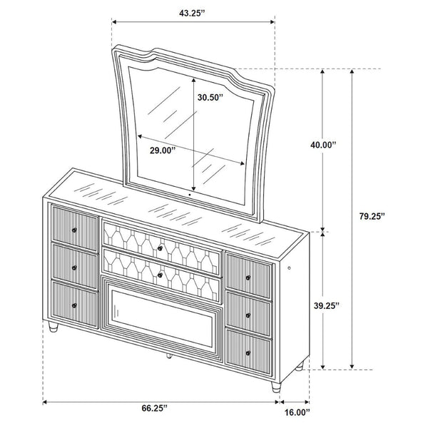 English Elm Mika Eight Drawer Velvet Dresser with LED Fireplace Insert and Tri Panel Mirror B062S02196