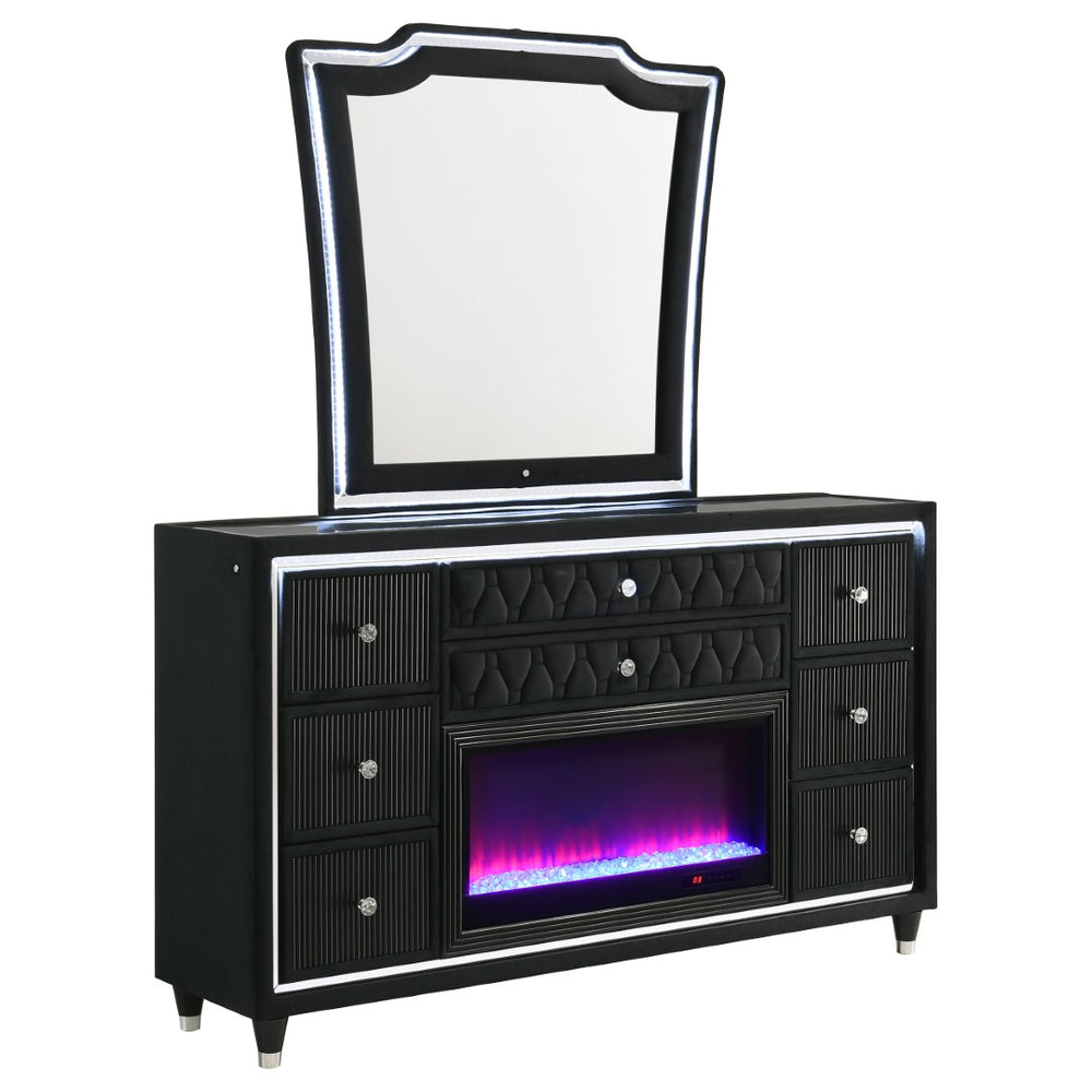 English Elm Mika Eight Drawer Velvet Dresser with LED Fireplace Insert and Tri Panel Mirror B062S02196