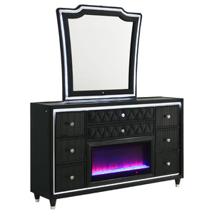 English Elm Mika Eight Drawer Velvet Dresser with LED Fireplace Insert and Tri Panel Mirror B062S02196