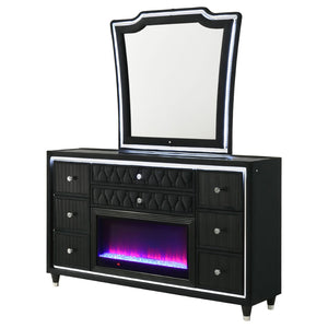 English Elm Mika Eight Drawer Velvet Dresser with LED Fireplace Insert and Tri Panel Mirror B062S02196