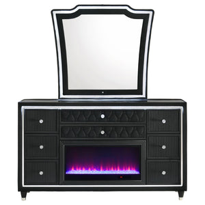 English Elm Mika Eight Drawer Velvet Dresser with LED Fireplace Insert and Tri Panel Mirror B062S02196