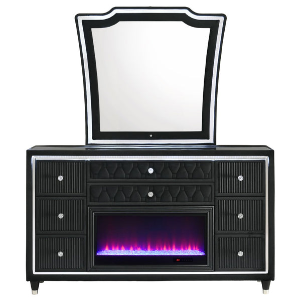 English Elm Mika Eight Drawer Velvet Dresser with LED Fireplace Insert and Tri Panel Mirror B062S02196