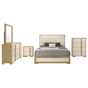 English Elm Lincoln Queen Bedroom Set with LED Headboard Natural Wood Tone Ivory Five Piece Suite B062S02199