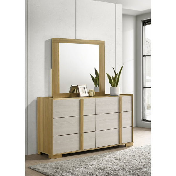 English Elm Lincoln Six Drawer Dresser with Mirror Two Tone Retro Bedroom Storage Set B062S02201