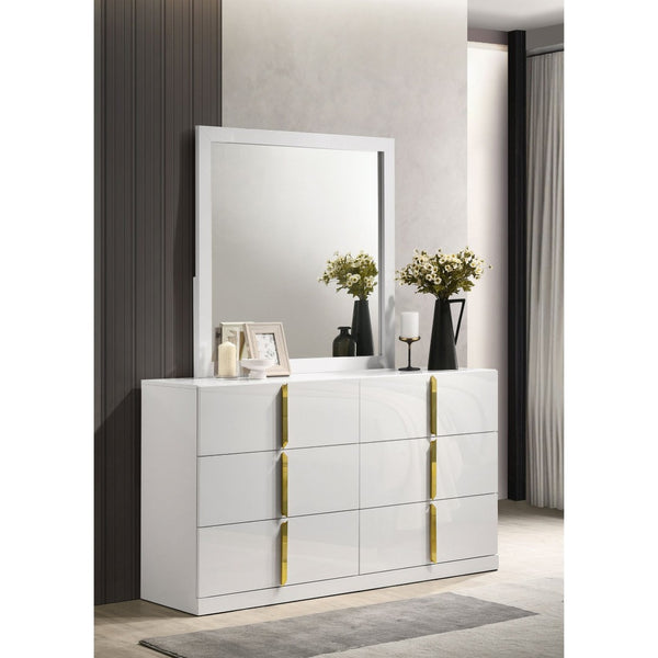 English Elm Lauryn Six Drawer Dresser with Mirror Italian Modern White Gloss and Gold Hardware B062S02202