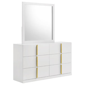 English Elm Lauryn Six Drawer Dresser with Mirror Italian Modern White Gloss and Gold Hardware B062S02202
