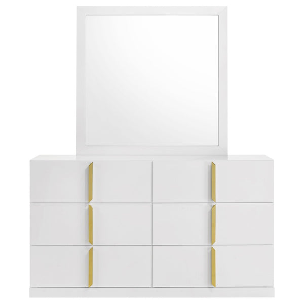 English Elm Lauryn Six Drawer Dresser with Mirror Italian Modern White Gloss and Gold Hardware B062S02202