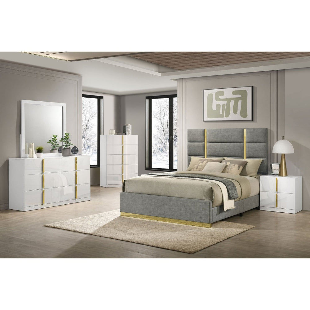 English Elm Lauryn Queen Bedroom Set High Gloss White Grey with Gold Trim Upholstered Headboard B062S02204