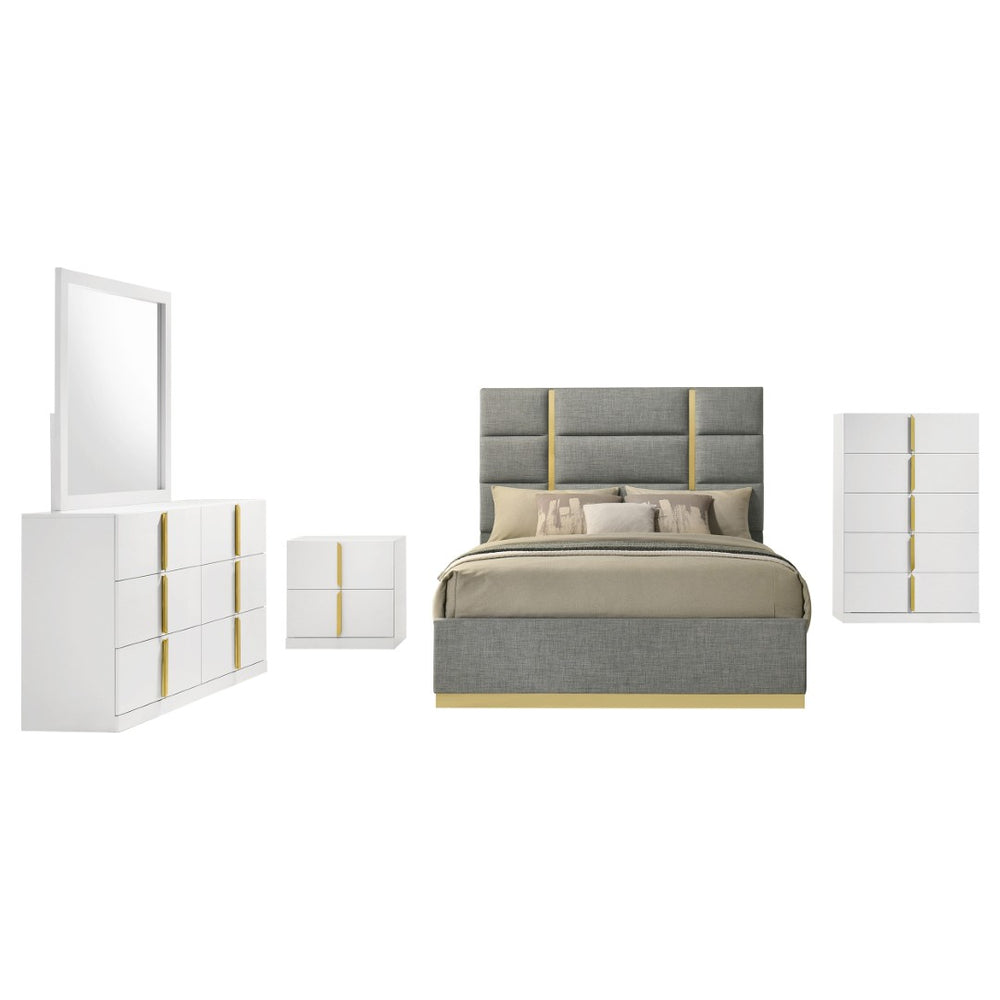 English Elm Lauryn Queen Bedroom Set High Gloss White Grey with Gold Trim Upholstered Headboard B062S02204