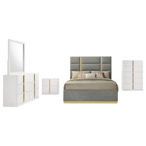 English Elm Lauryn Queen Bedroom Set High Gloss White Grey with Gold Trim Upholstered Headboard B062S02204