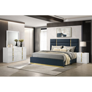 English Elm Lauryn Queen Bedroom Set High Gloss White Navy Upholstered Headboard Gold Hardware B062S02205