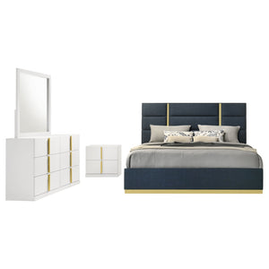 English Elm Lauryn Queen Bedroom Set High Gloss White Navy Upholstered Headboard Gold Hardware B062S02205