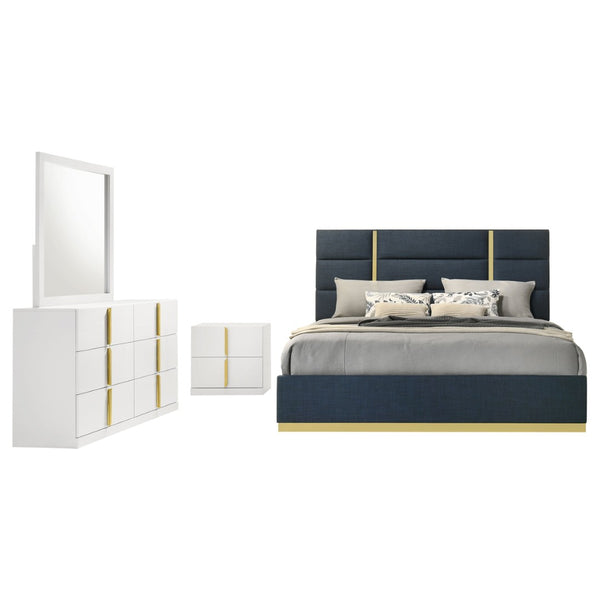 English Elm Lauryn Queen Bedroom Set High Gloss White Navy Upholstered Headboard Gold Hardware B062S02205