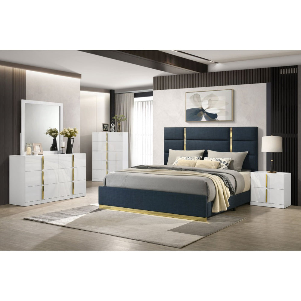 English Elm Lauryn Queen Bedroom Set High Gloss White with Navy Upholstered Headboard Gold Trim B062S02206