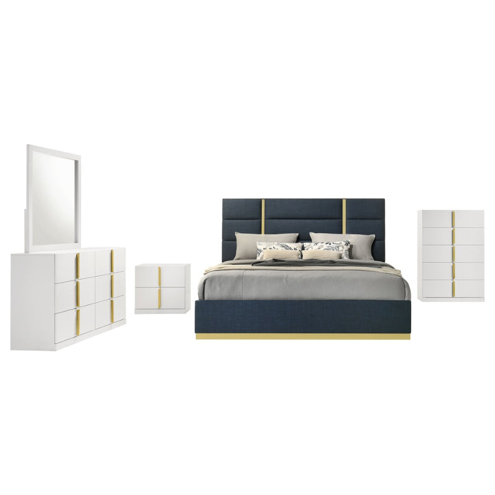 English Elm Lauryn Queen Bedroom Set High Gloss White with Navy Upholstered Headboard Gold Trim B062S02206
