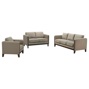 English Elm Fisher Three Piece Upholstered Sofa Set with Tailored Panel Arms and Coffee Wood Trim B062S02210