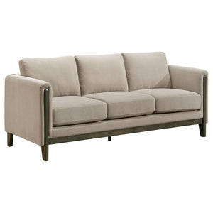 English Elm Fisher Three Piece Upholstered Sofa Set with Tailored Panel Arms and Coffee Wood Trim B062S02210