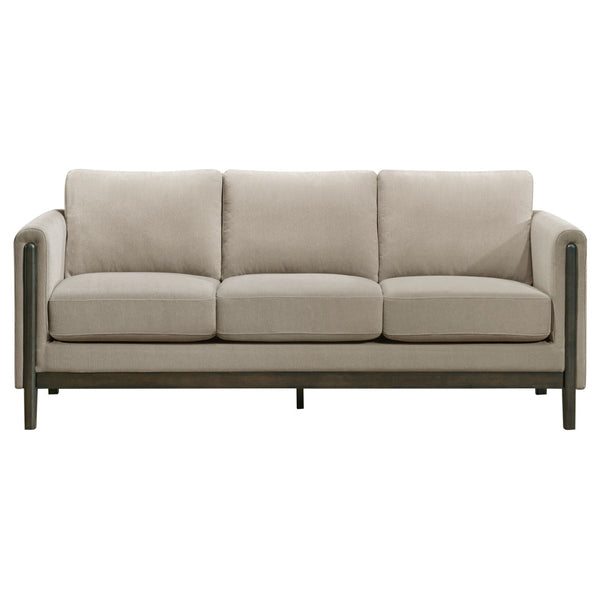 English Elm Fisher Three Piece Upholstered Sofa Set with Tailored Panel Arms and Coffee Wood Trim B062S02210