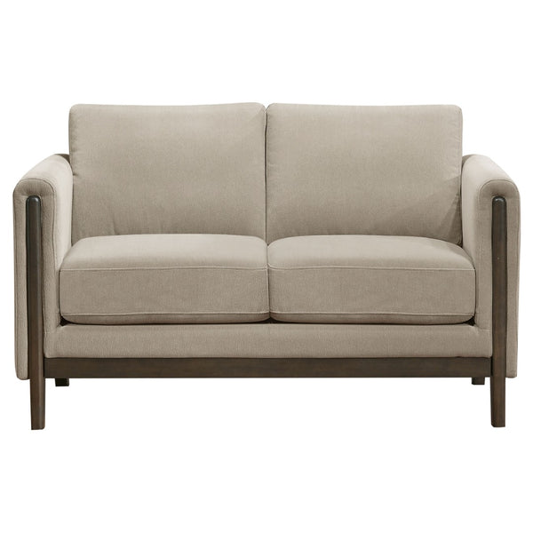 English Elm Fisher Three Piece Upholstered Sofa Set with Tailored Panel Arms and Coffee Wood Trim B062S02210