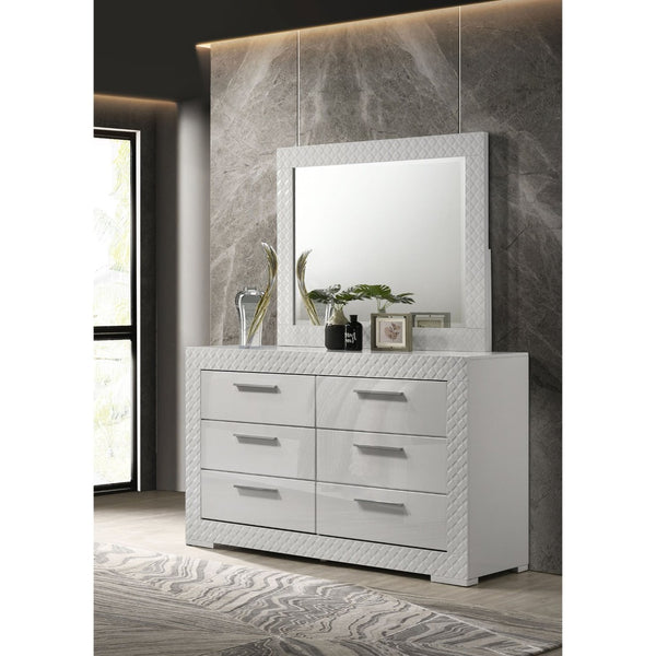 English Elm Pierce High Gloss White Dresser with Mirror Six Drawers Diamond Emboss Bedroom Set B062S02211