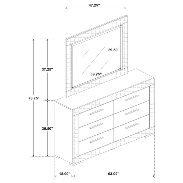 English Elm Pierce High Gloss White Dresser with Mirror Six Drawers Diamond Emboss Bedroom Set B062S02211