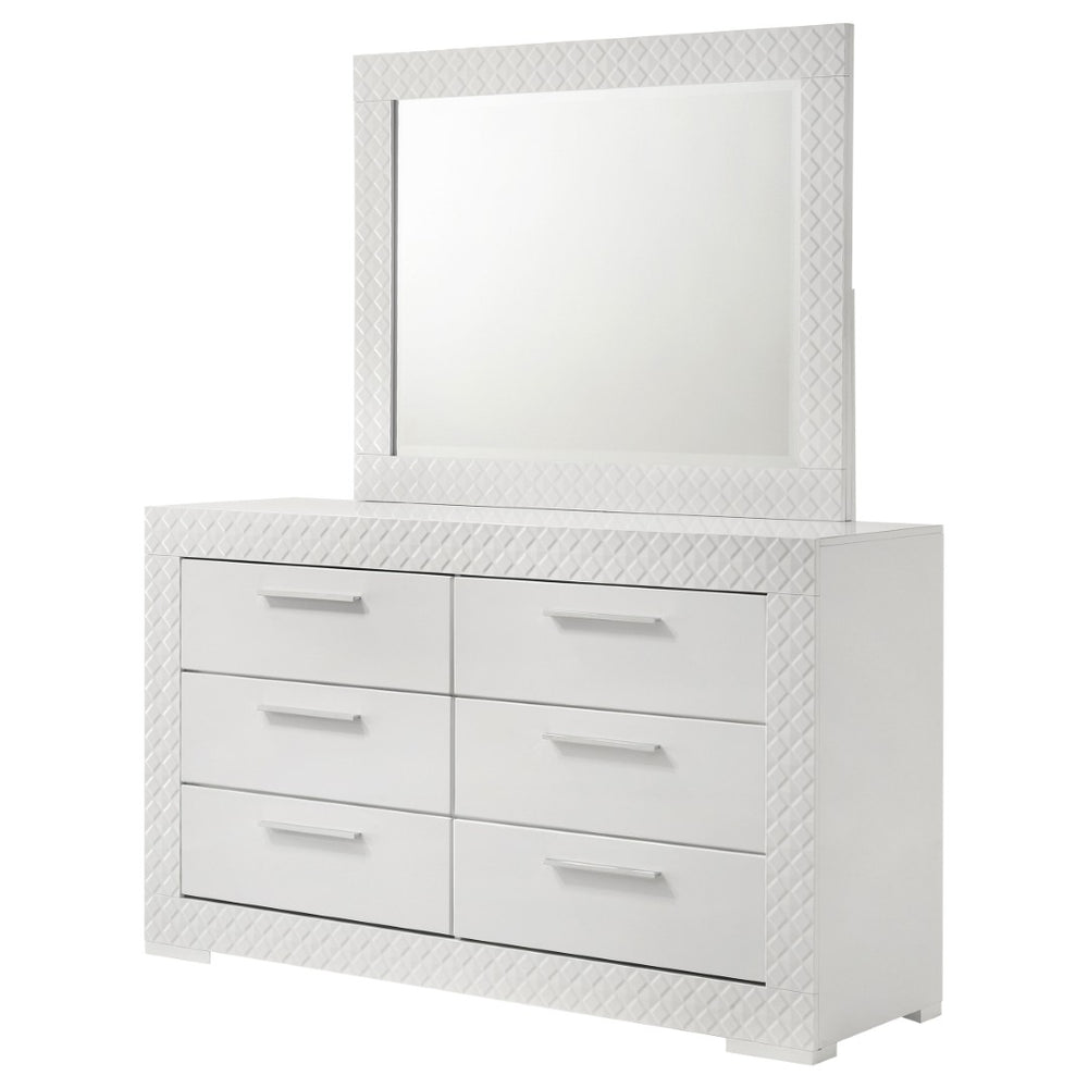 English Elm Pierce High Gloss White Dresser with Mirror Six Drawers Diamond Emboss Bedroom Set B062S02211