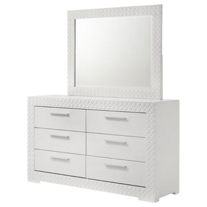 English Elm Pierce High Gloss White Dresser with Mirror Six Drawers Diamond Emboss Bedroom Set B062S02211