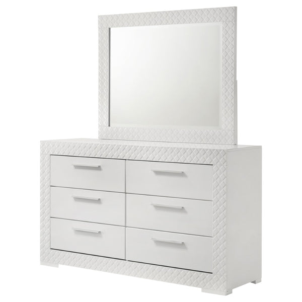 English Elm Pierce High Gloss White Dresser with Mirror Six Drawers Diamond Emboss Bedroom Set B062S02211