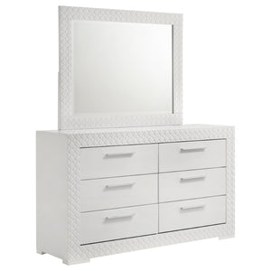 English Elm Pierce High Gloss White Dresser with Mirror Six Drawers Diamond Emboss Bedroom Set B062S02211