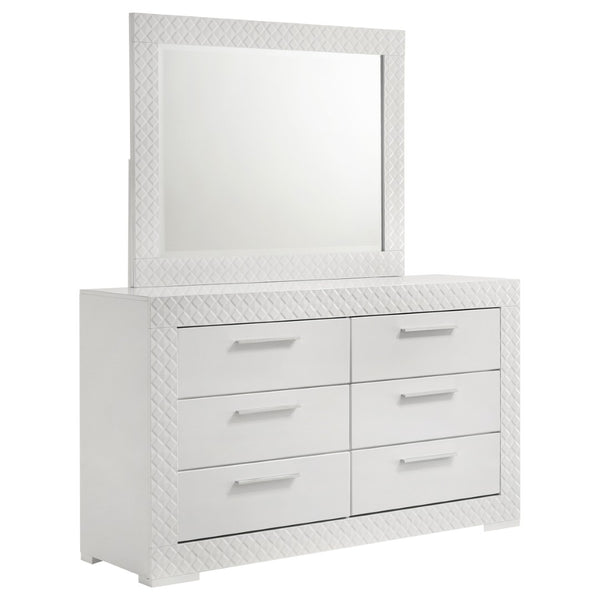 English Elm Pierce High Gloss White Dresser with Mirror Six Drawers Diamond Emboss Bedroom Set B062S02211
