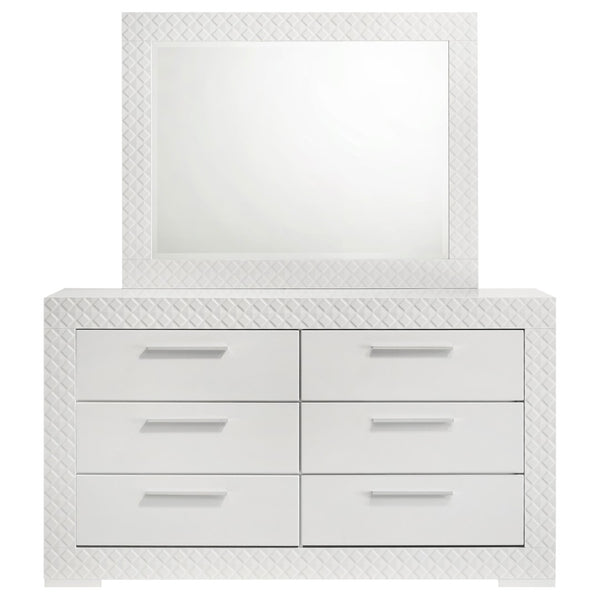 English Elm Pierce High Gloss White Dresser with Mirror Six Drawers Diamond Emboss Bedroom Set B062S02211
