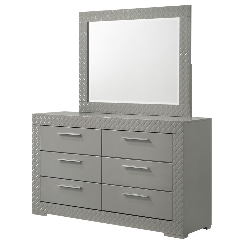 English Elm Pierce High Gloss Grey Dresser with Mirror Diamond Emboss and Chrome Hardware B062S02212